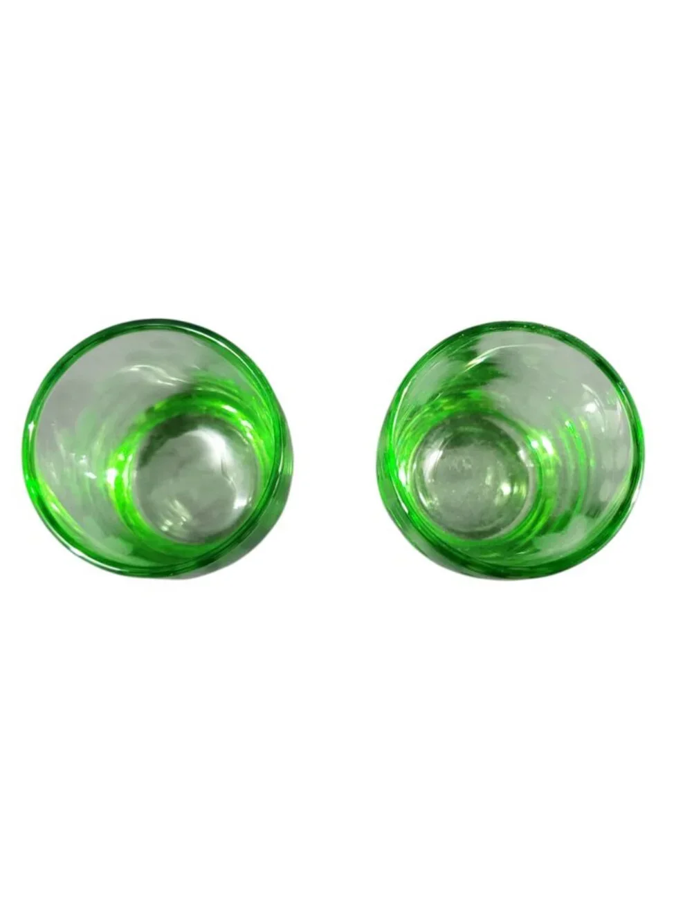 2 Vintage Uranium Vaseline Glass Shot Glasses Wheel Cut Etched Floral Glows 2